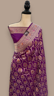 Purple Pure Katan Silk Banarasi Handloom Saree - All over Sona Roopa Jaal work - The Handlooms