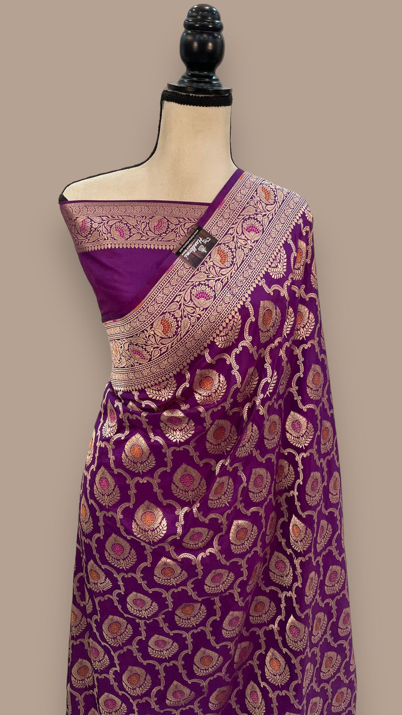 Purple Pure Katan Silk Banarasi Handloom Saree - All over Sona Roopa Jaal work - The Handlooms