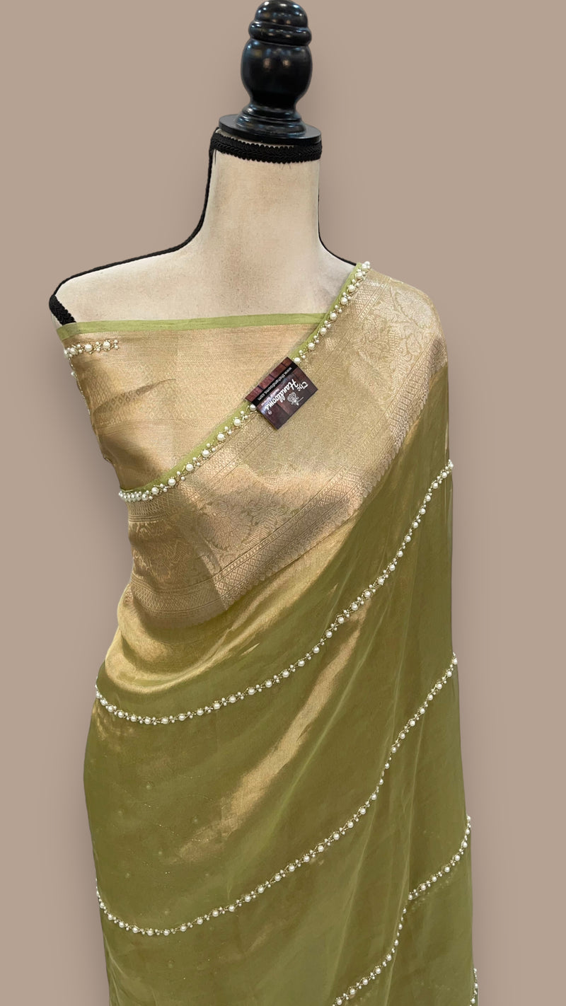 Pista Pure Kora Tissue Handloom Banarasi Saree - Handwork - The Handlooms