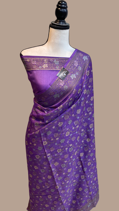 Purple Pure Butter Crepe Banarasi Saree - The Handlooms