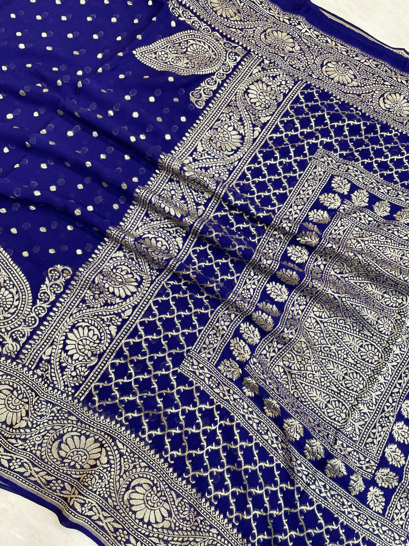 Khaddi Georgette Handloom Banarasi Saree - Gold Zari - The Handlooms