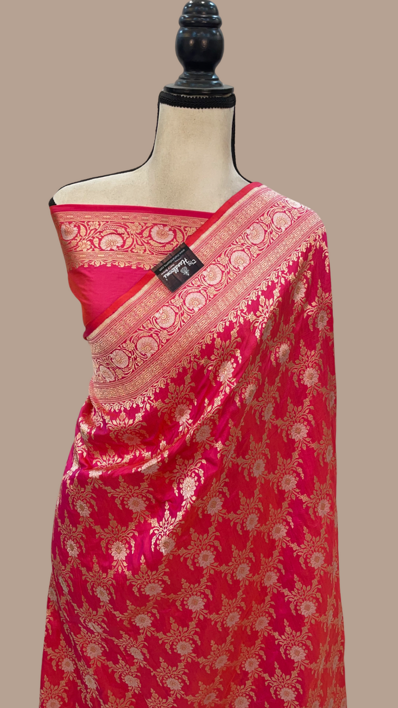 Hot Pink Pure Katan Silk Banarasi Handloom Saree - All over Sona Roopa Jaal work - The Handlooms