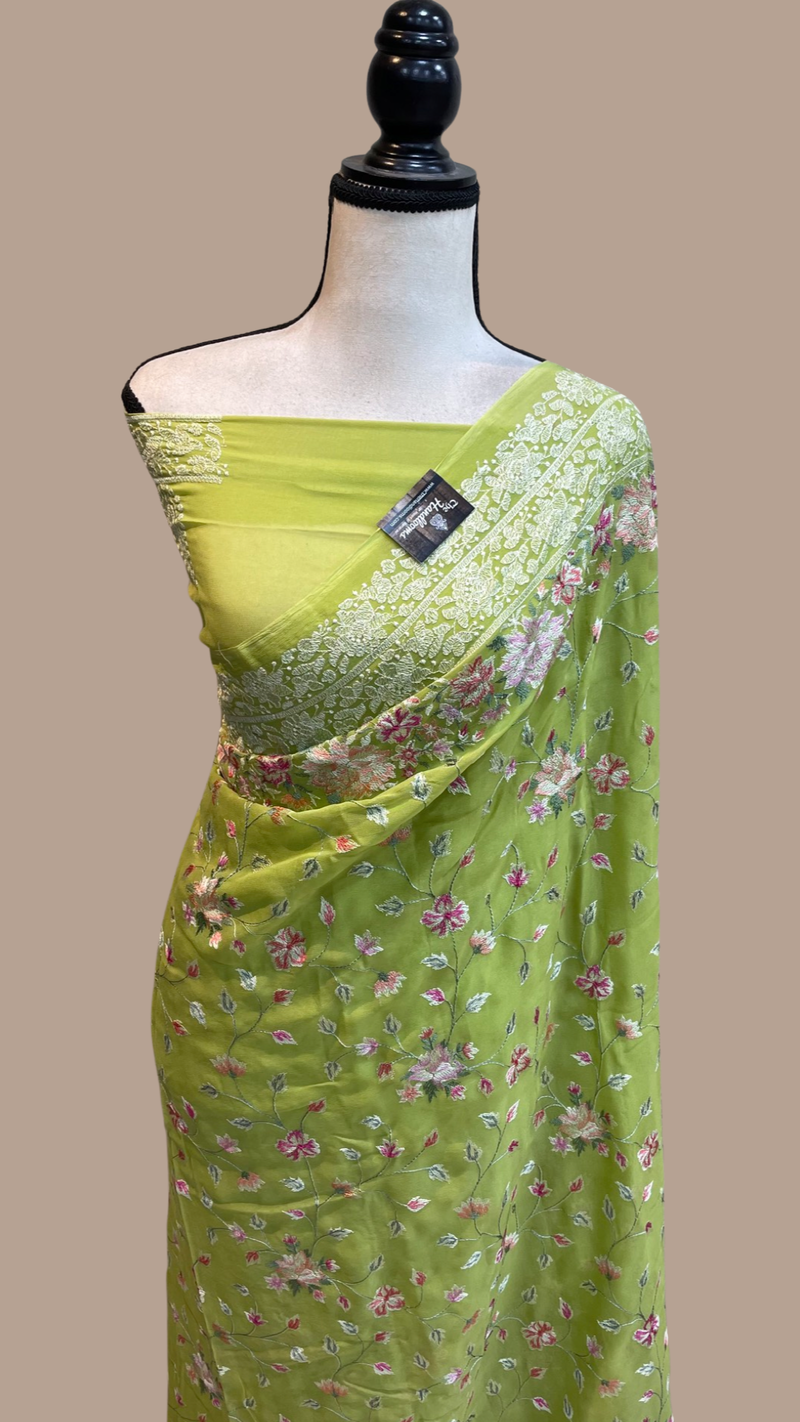 Pure Georgette Chikankari Handloom Banarasi Saree - The Handlooms