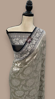 Grey Pure Khaddi Georgette Handloom Banarasi Saree - The Handlooms