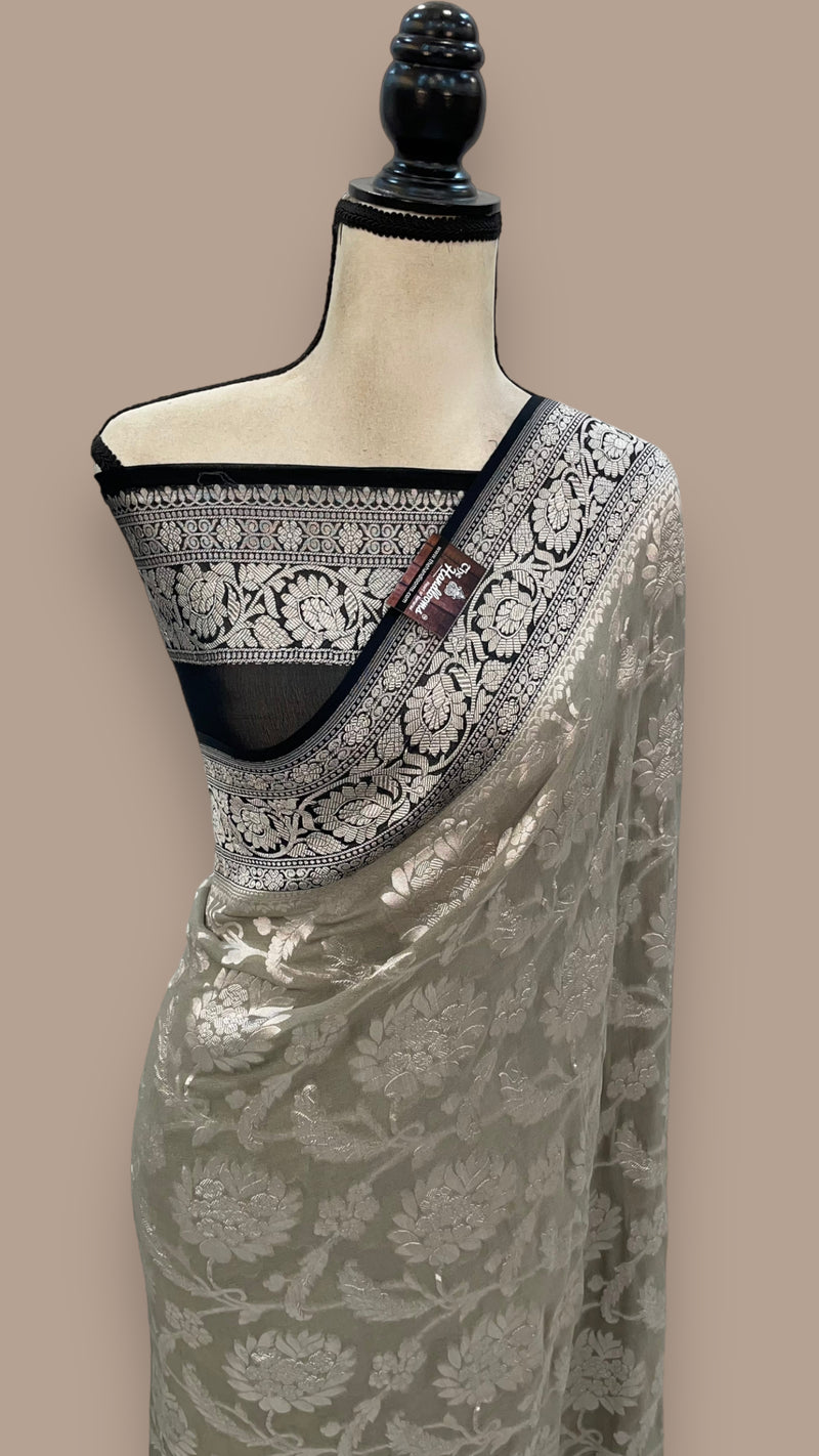 Grey Pure Khaddi Georgette Handloom Banarasi Saree - The Handlooms