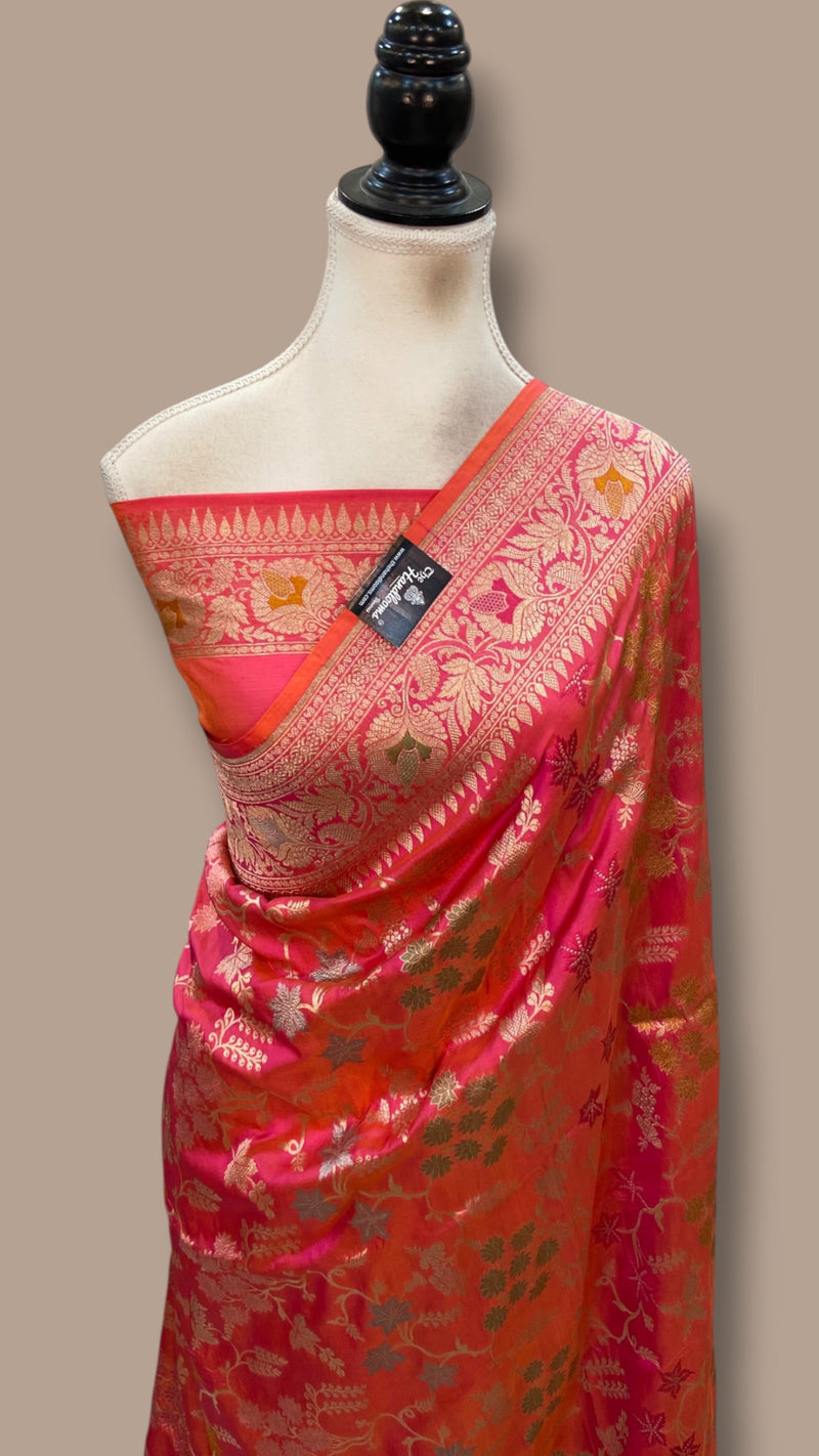 Pure Katan Silk Banarasi Handloom Saree - All Over Jaal Work With Meenakari
