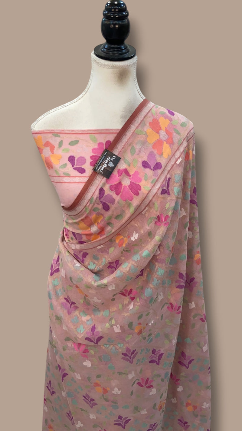 Real Zari Pure Cotton Jamdani Silk Banarasi Handloom Saree - All Over Kadiyal Jaal Work