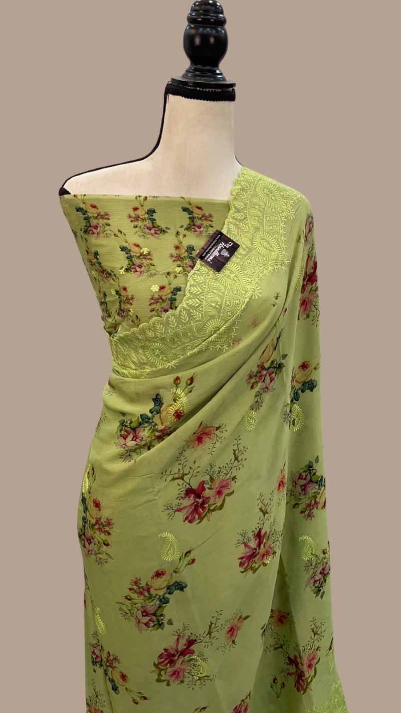 Pure Georgette Digital Print with Chikankari Handloom Banarasi Saree - The Handlooms