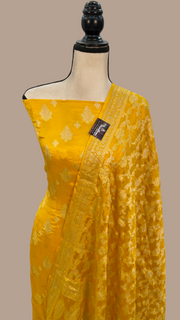 Yellow Pure Chiffon Khaddi Banarasi Dress material - The Handlooms