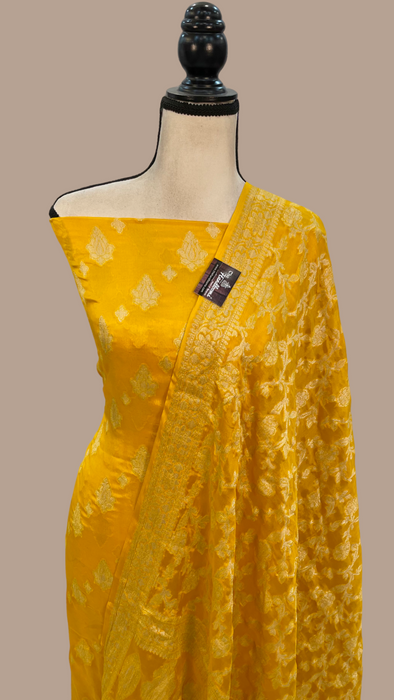 Yellow Pure Chiffon Khaddi Banarasi Dress material
