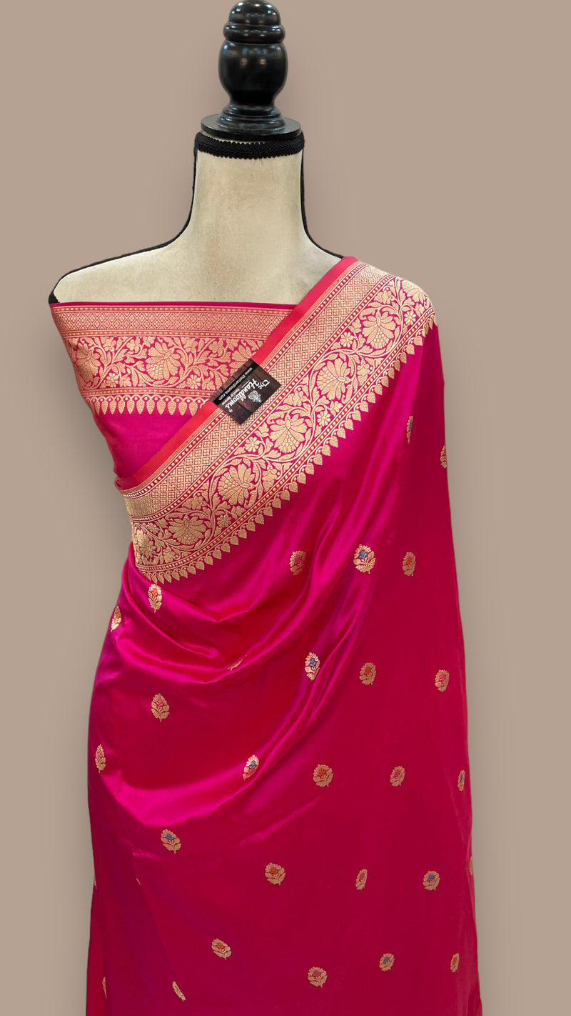 Hot Pink Pure Katan Silk Banarasi Handloom Saree - All over Kadua motifs With Meenakari - The Handlooms