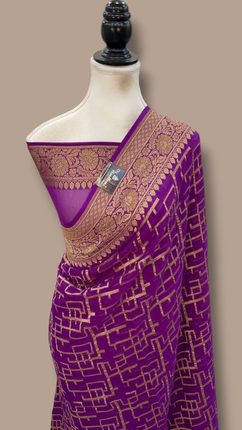 Pure Khaddi Georgette Handloom Banarasi Saree - Antique Zari