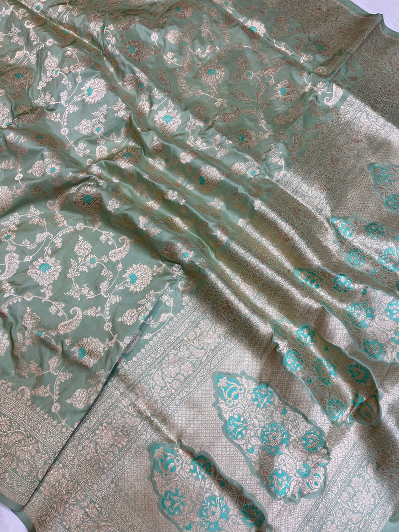 Pista Pure Katan Silk Banarasi Handloom Saree - All over Jaal work with Meenakari - The Handlooms