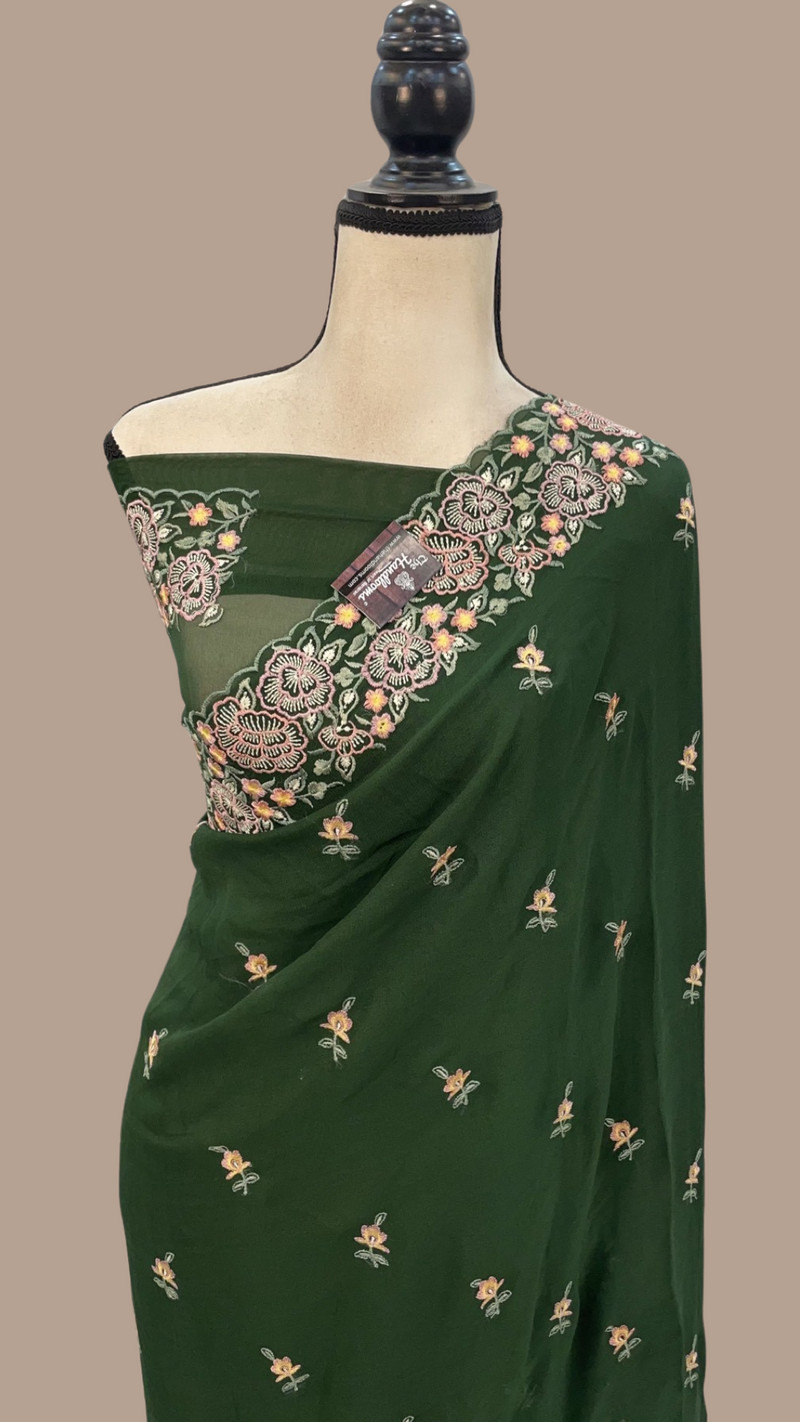 Pure Georgette Chikankari Handloom Banarasi Saree - The Handlooms