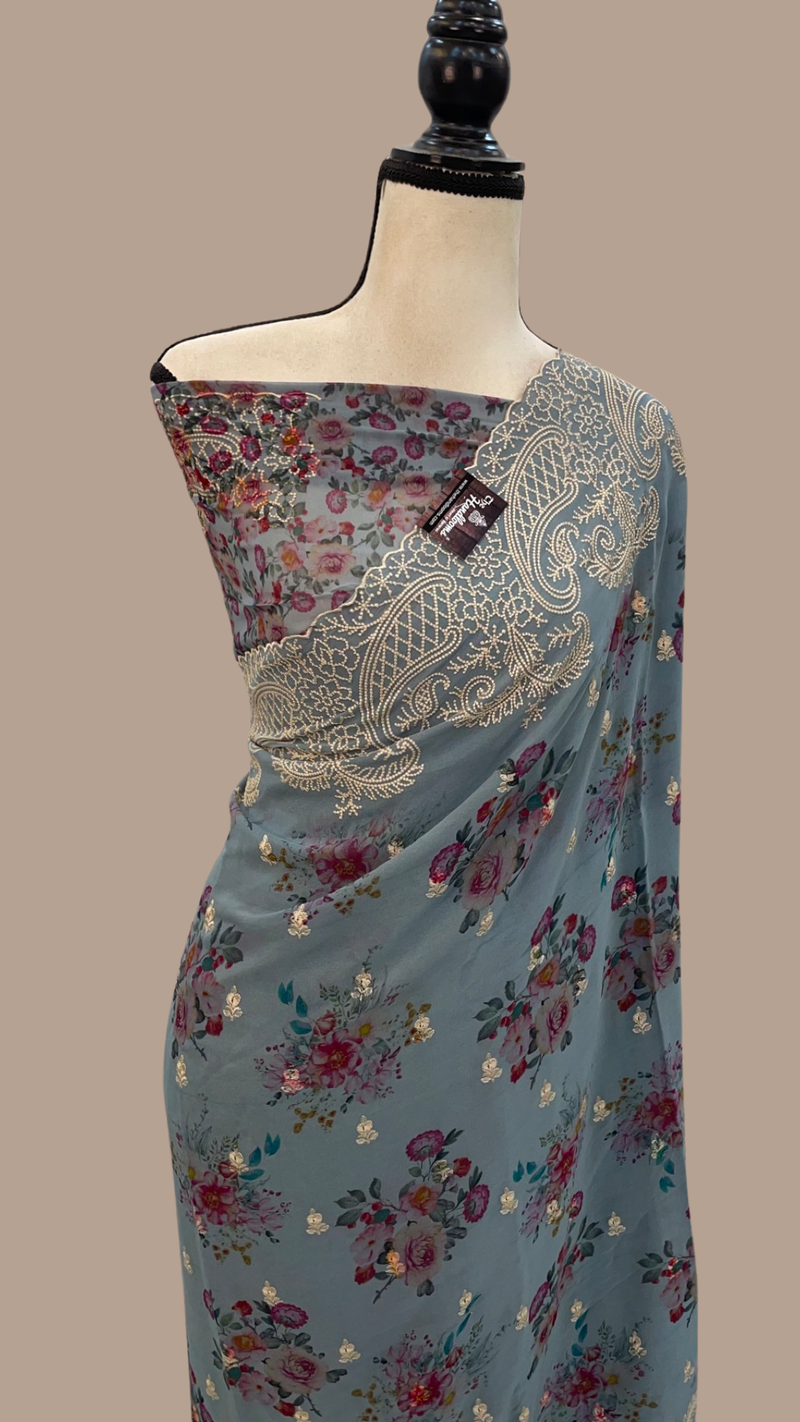 Pure Georgette Digital Print with Chikankari Handloom Banarasi Saree - The Handlooms