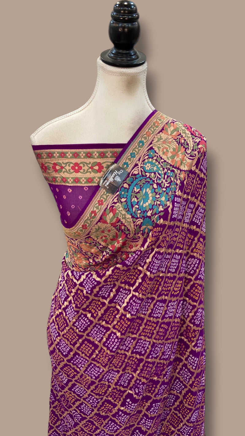 Pure Georgette Banarasi Bandhej Handloom Saree - Meenakari