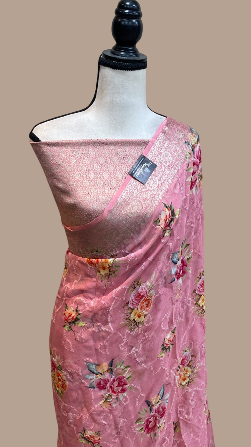 Pure Georgette  Digital Print with Chikankari Handloom Banarasi Saree - The Handlooms