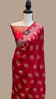 Red Pure Katan Silk Banarasi Handloom Saree - All over Jaal work - With Meenakari - The Handlooms