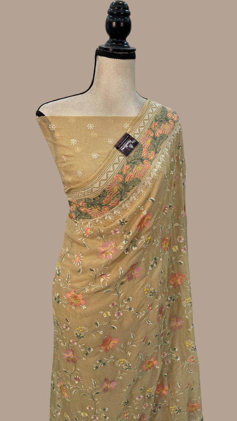 Pure Georgette Chikankari Handloom Banarasi Saree - The Handlooms