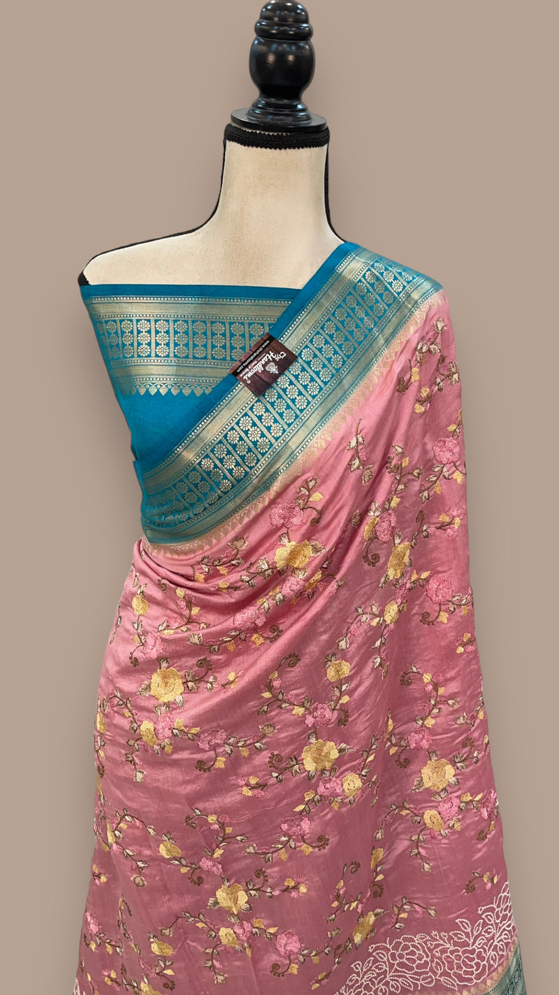 Pure Chiniya Silk Handloom Banarasi Saree with Chikankari - The Handlooms