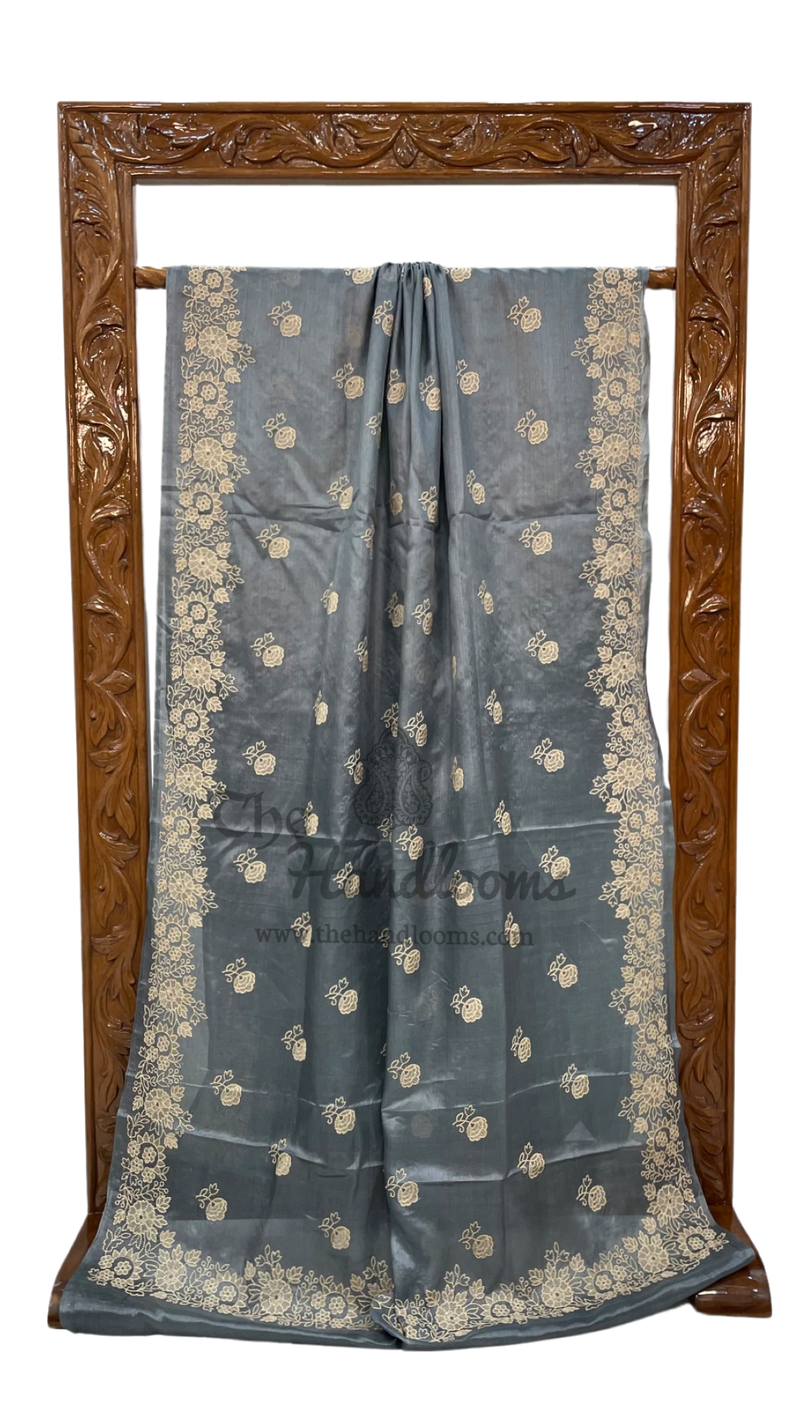 Tussar Silk Handloom Banarasi Saree With Chikankari - The Handlooms