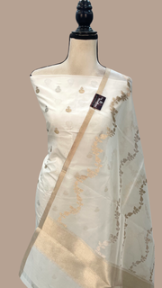 White Pure Katan Silk Handlooms Banarasi Dress material With Organza Dupatta - The Handlooms