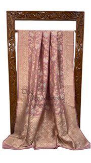 Onion Pink Pure Katan Silk Banarasi Handloom Saree - All Over Sona Roopa Jaal Work - The Handlooms