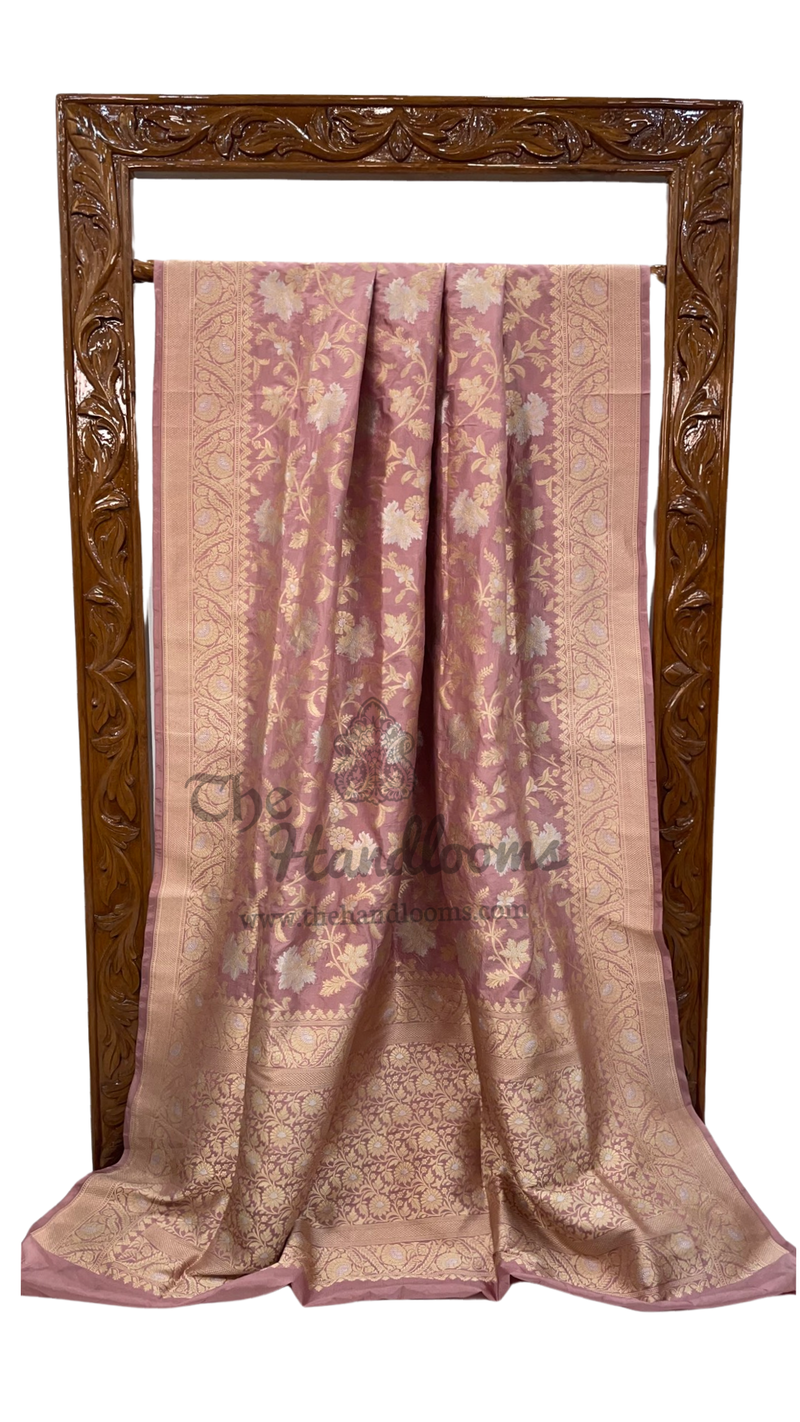 Onion Pink Pure Katan Silk Banarasi Handloom Saree - All Over Sona Roopa Jaal Work - The Handlooms