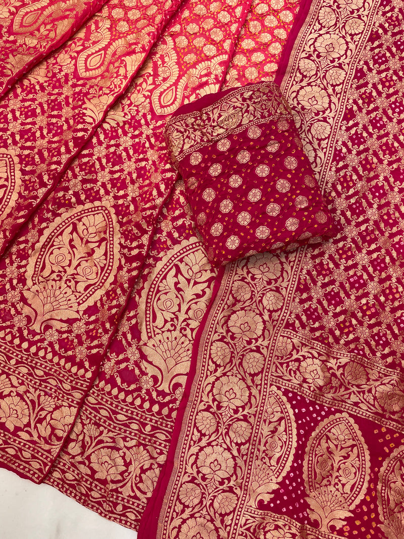 Pure Khaddi Georgette Bandhani Handloom Banarasi Lehenga - The Handlooms