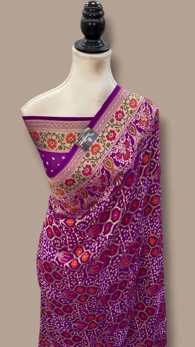 Pure Georgette Banarasi Bandhej Handloom Saree - Meenakari