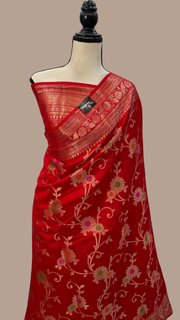 Red Pure Dupion Silk Banarasi Saree - The Handlooms
