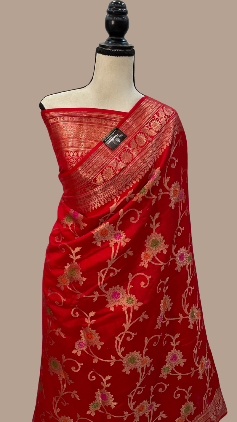 Red Pure Dupion Silk Banarasi Saree - The Handlooms