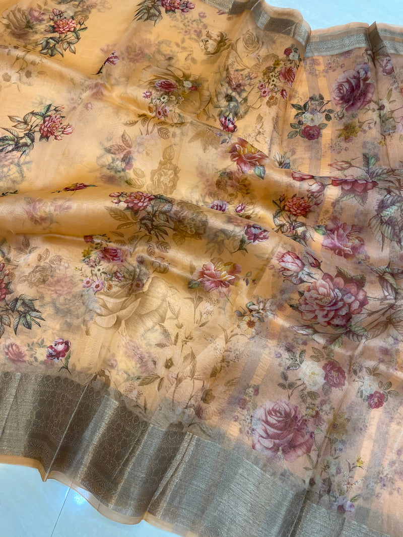 Pure Organza Digital Print Handloom Banarasi Saree - The Handlooms