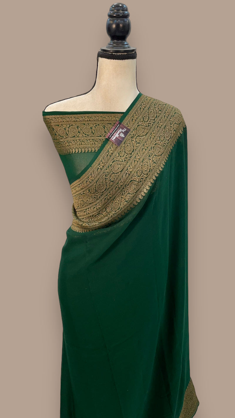 Green Pure Khaddi Georgette Handloom Banarasi Saree - The Handlooms