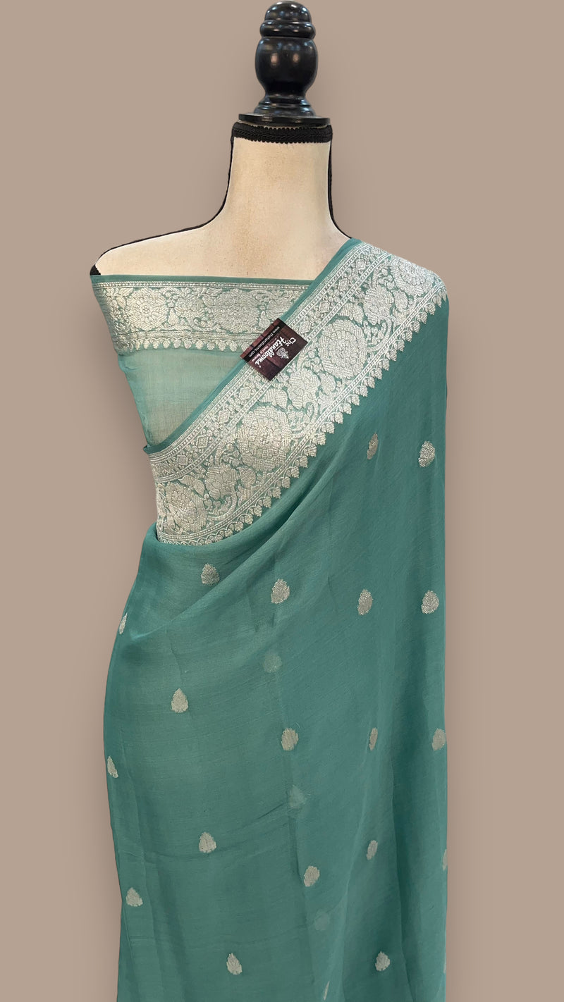 Mint Green Pure Georgette Handloom Banarasi Saree - The Handlooms