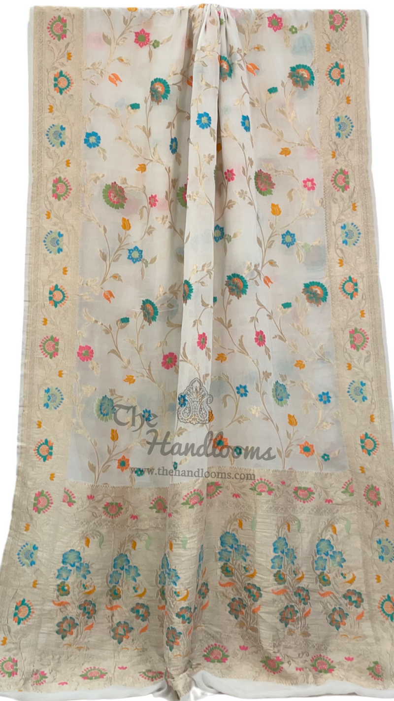 Off-white Pure Khaddi Georgette Handloom Banarasi Saree - All over Jaal Work With Meenakari - The Handlooms