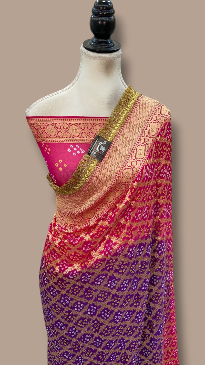 Pure Georgette Banarasi Bandhej Handloom Saree With LaceWork