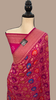 Pure Georgette Banarasi Bandhej Handloom Saree - with meenakari work - The Handlooms