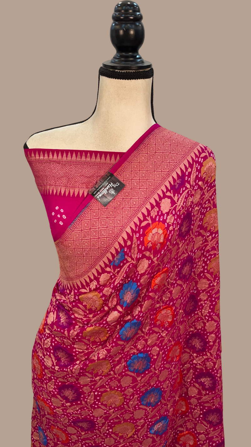 Pure Georgette Banarasi Bandhej Handloom Saree - with meenakari work - The Handlooms