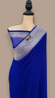 Royal Blue Pure Georgette Banarasi Handloom Saree - The Handlooms