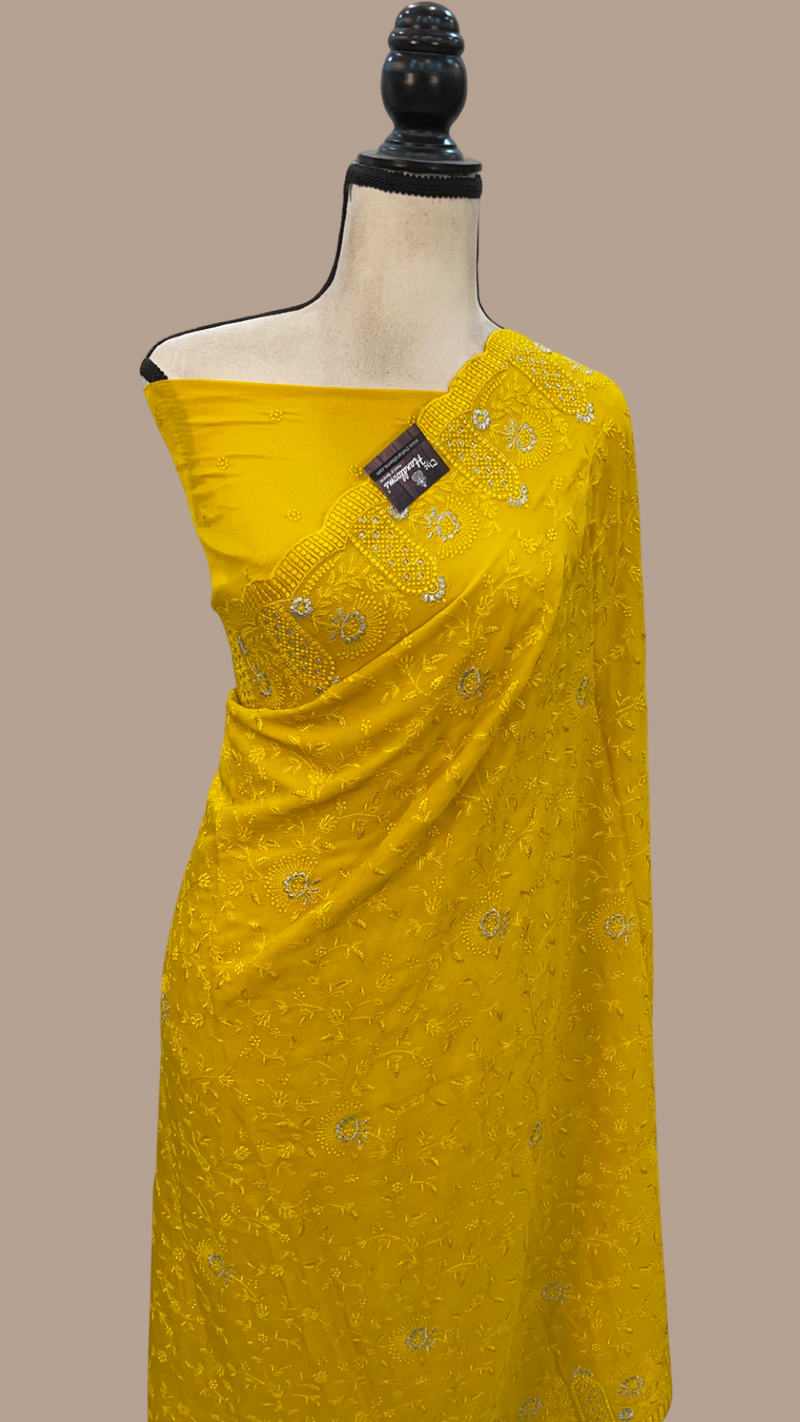 Pure Georgette Chikankari Handloom Banarasi Saree - The Handlooms