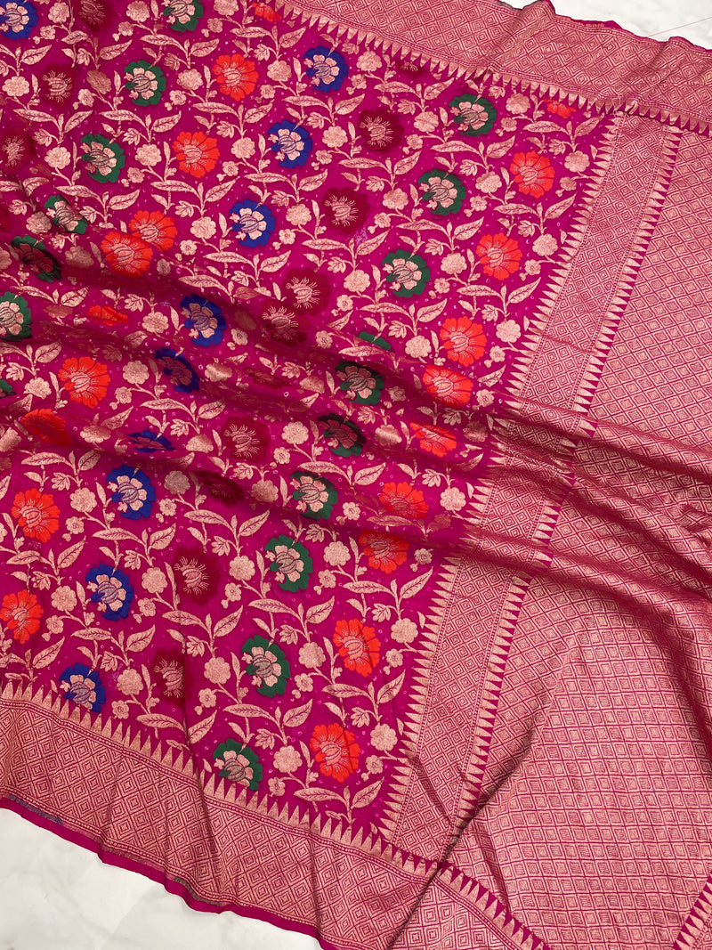 Pure Georgette Banarasi Bandhej Handloom Saree - with meenakari work - The Handlooms