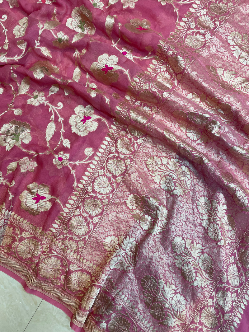 Khaddi Georgette Handloom Banarasi Saree - All over Jaal Work with meenakari - The Handlooms