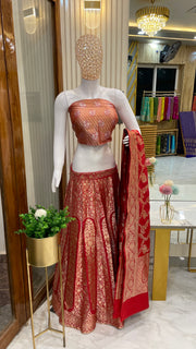 Red Pure Katan Silk Handloom Banarasi Lehenga - Stitched - The Handlooms