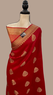 Red Pure Linen Banarasi Saree - The Handlooms