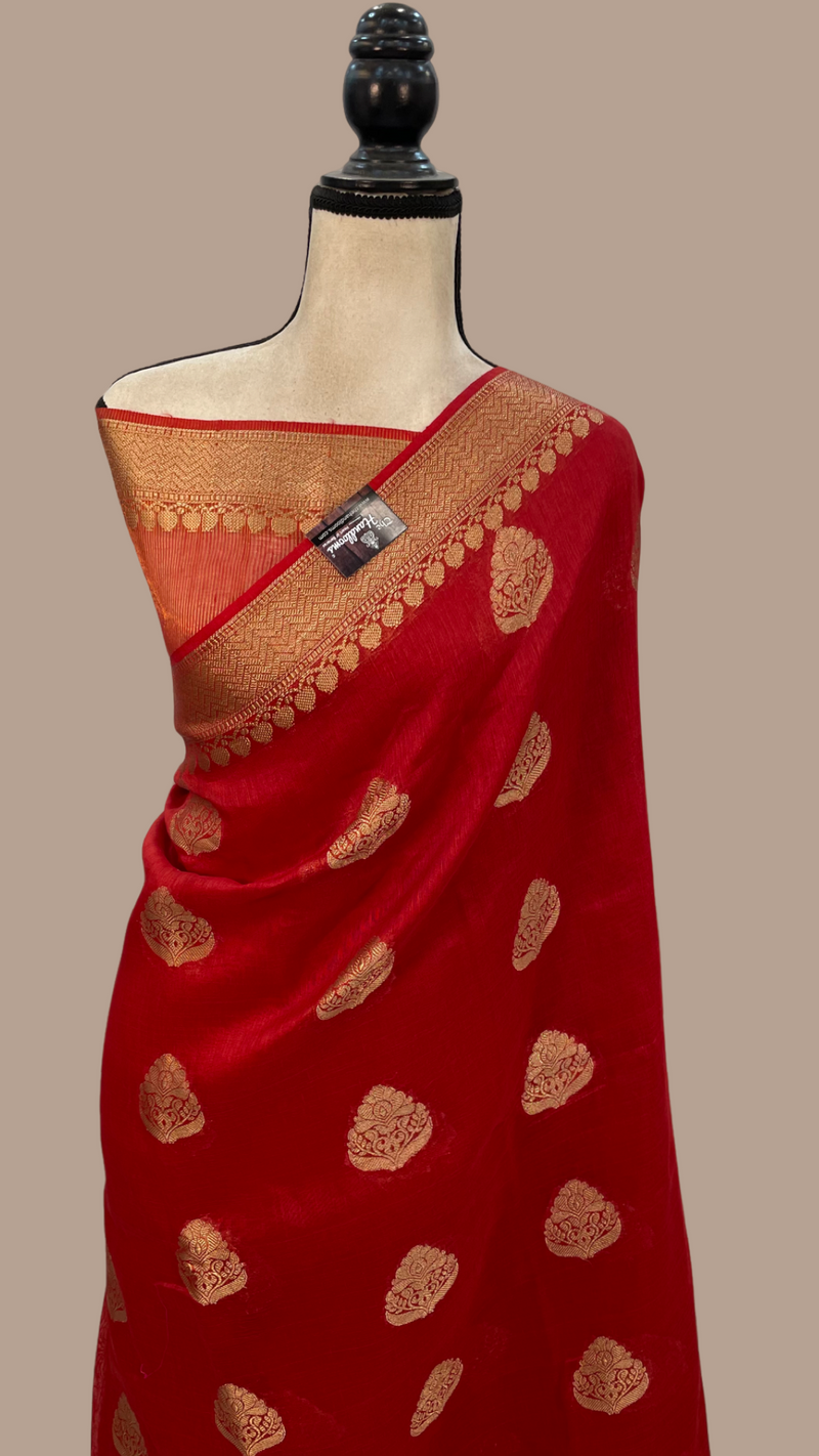 Red Pure Linen Banarasi Saree - The Handlooms
