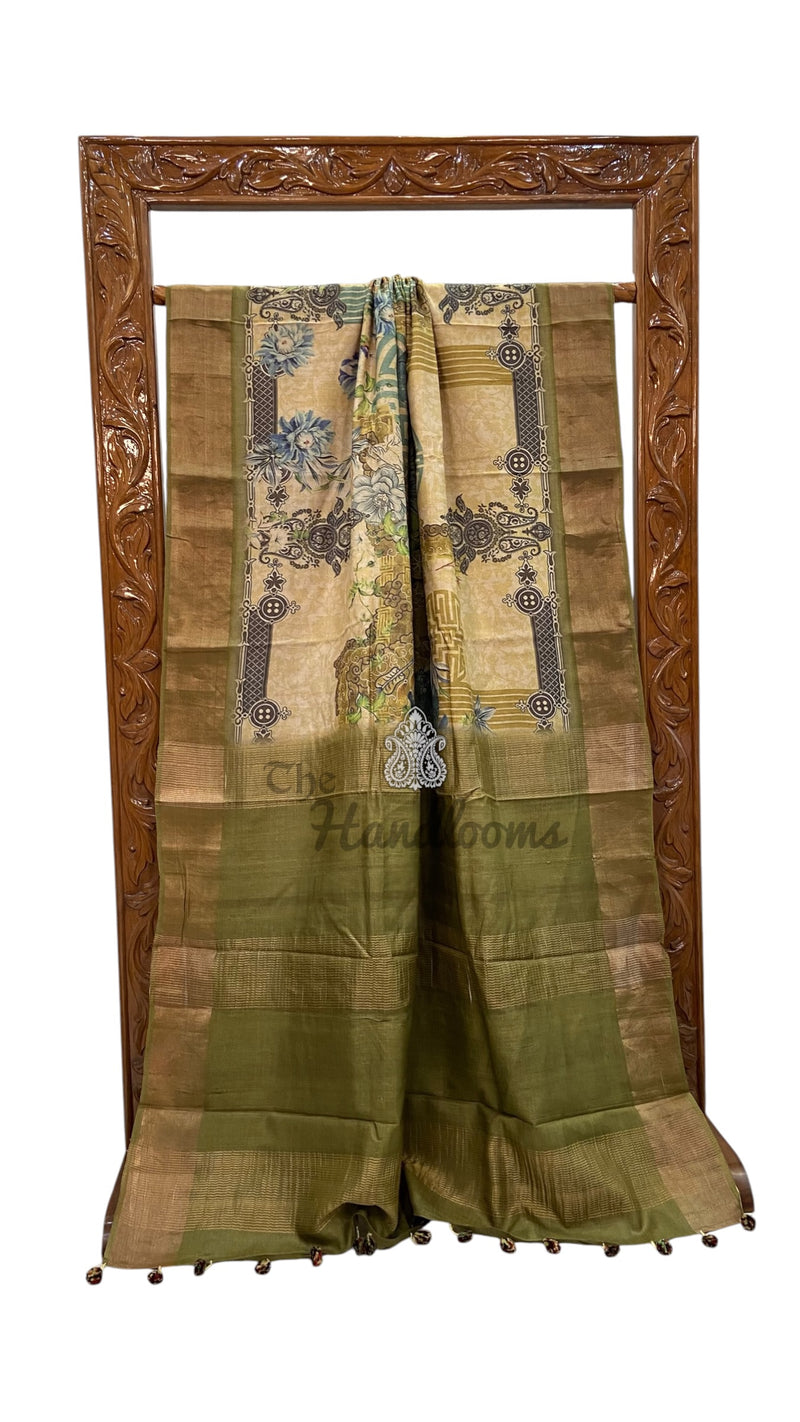 Pure Tussar Silk Handloom Banarasi Saree With Digital Print