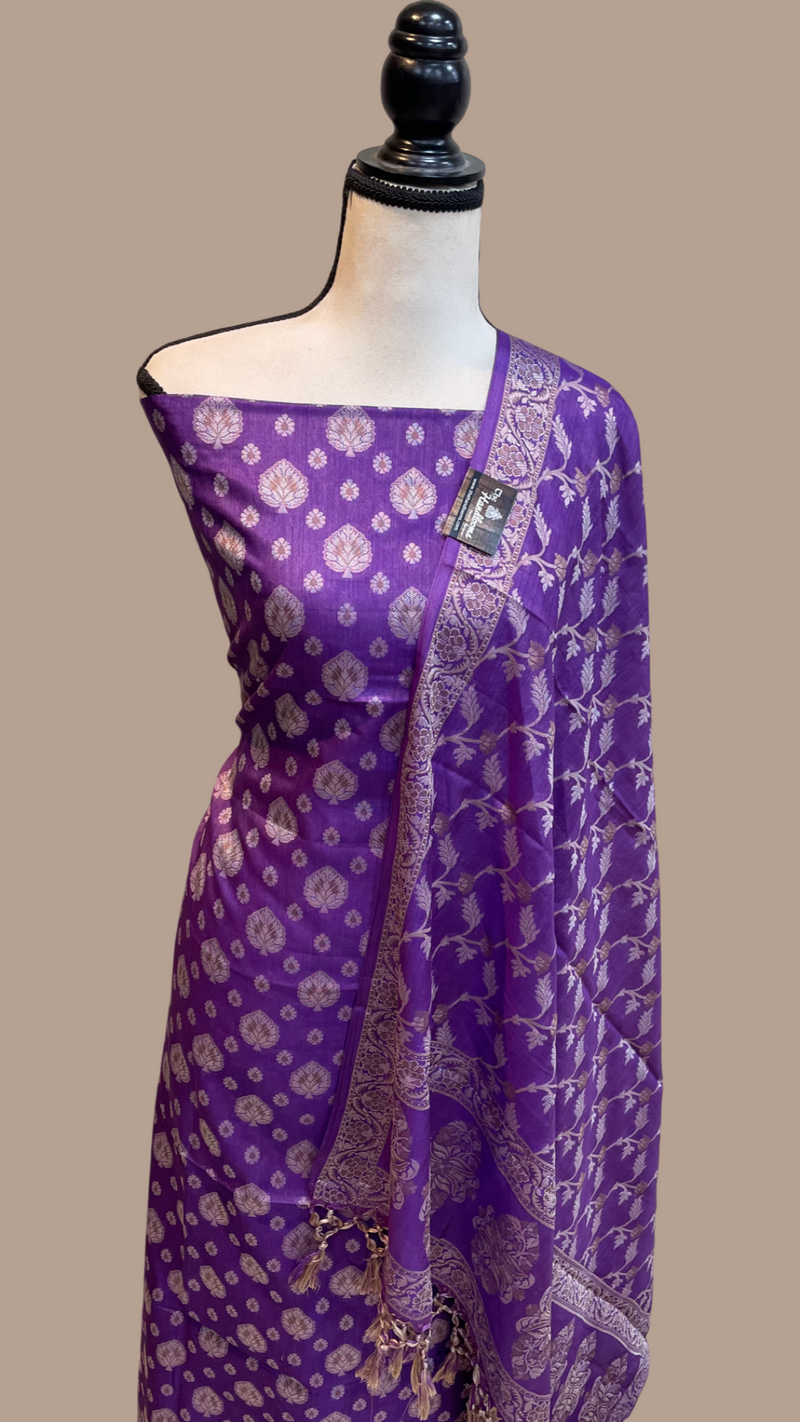 Purple Pure Butter Silk Banarasi Dress material - The Handlooms