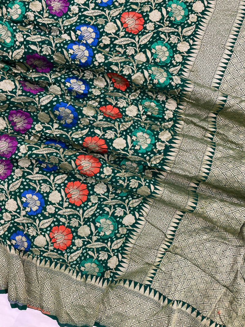 Pure Georgette Banarasi Bandhej Handloom Saree - with meenakari work - The Handlooms