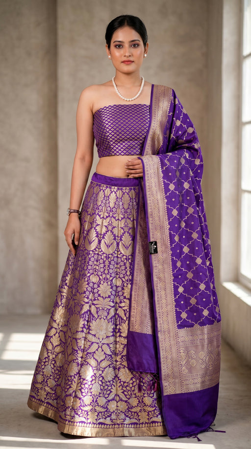Pure Katan Silk Handloom Banarasi Lehenga All Over Sona Roopa Jaal Work With Stitched - The Handlooms